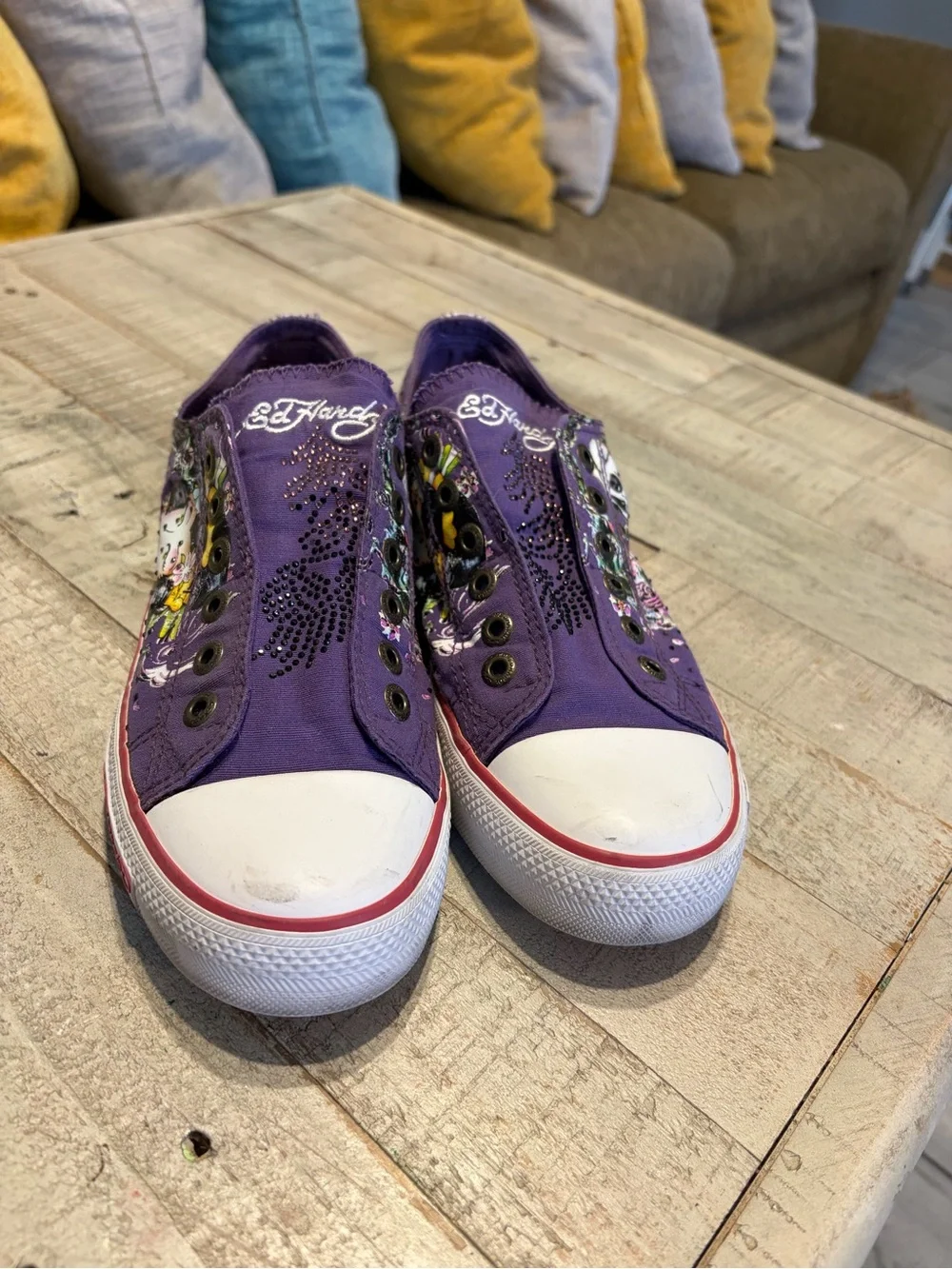 Ed Hardy Purple Skull & Floral Low-Top Sneakers